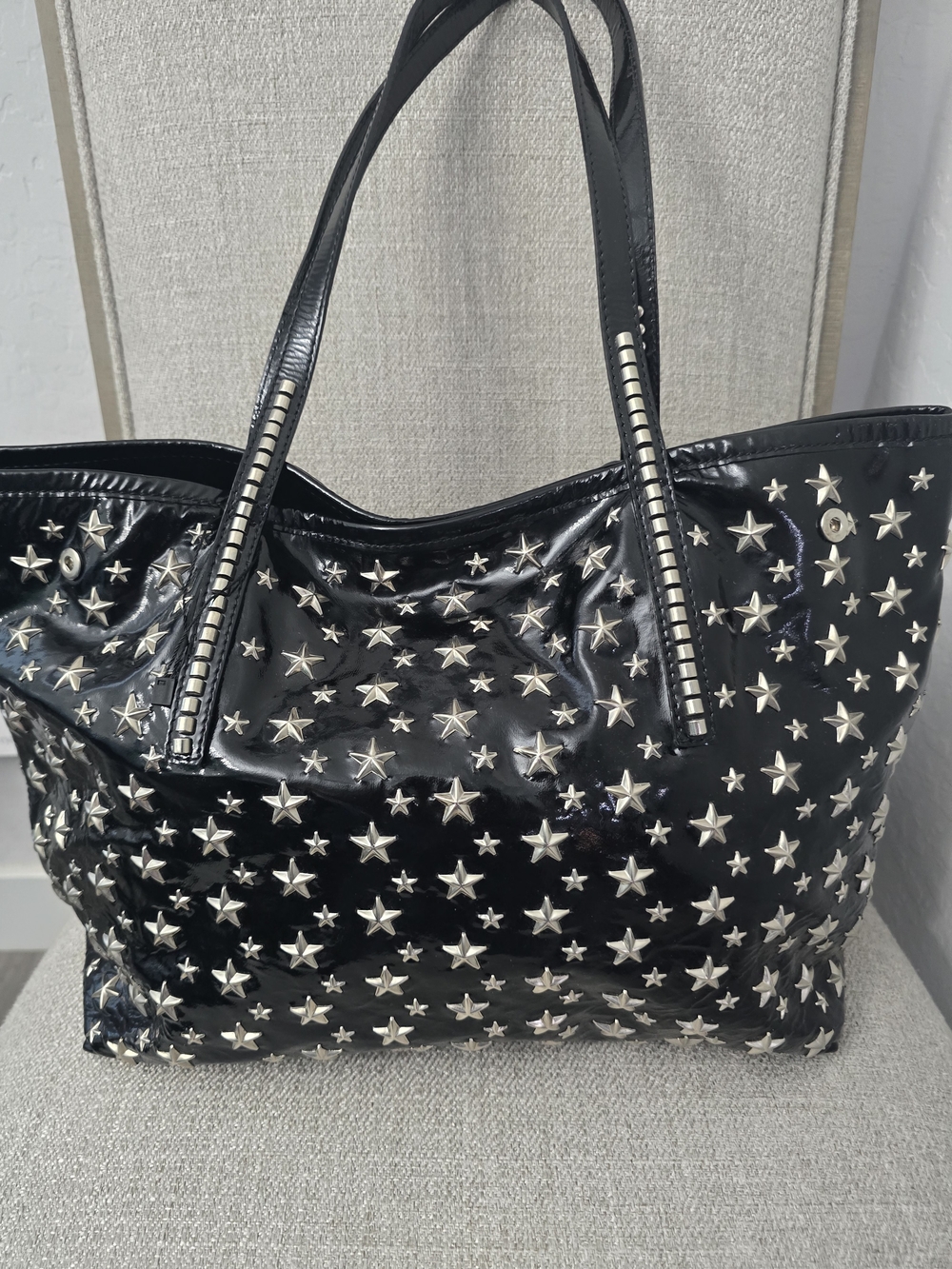 LIKE NEW Jimmy Choo Star Studded Patent Leather Tote Bag Black